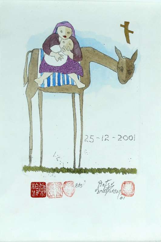 Pieter van der Westhuizen - Mother & baby on a donkey - A beautiful etching! Bid now! *Free courier!
