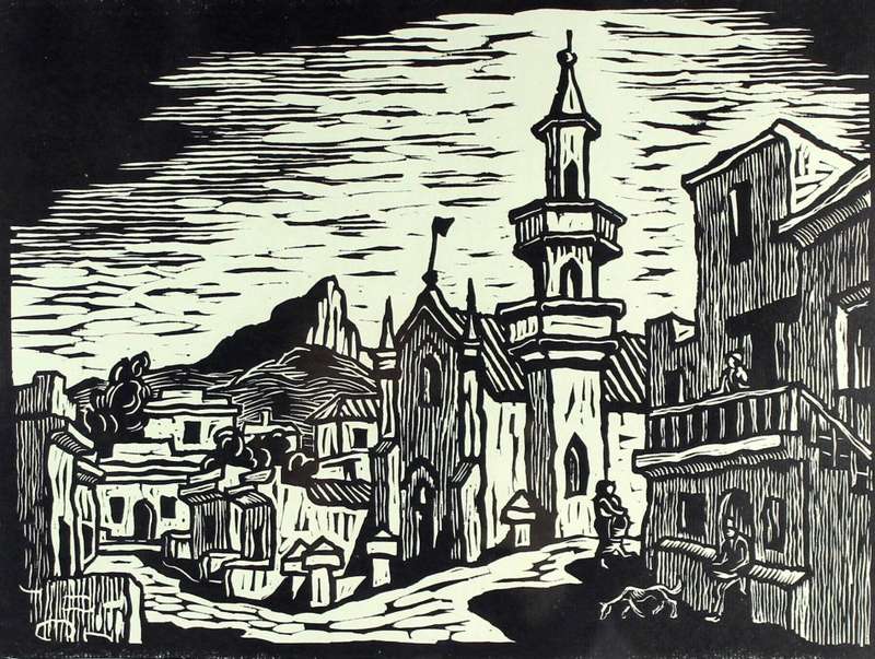 Gregoire Boonzaier - Street scene - A beautiful linocut! - Bid now! *Free courier!!