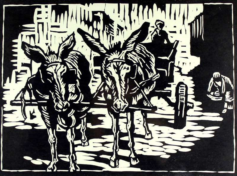 Gregoire Boonzaier - Donkey cart - A beautiful linocut! - Bid now!