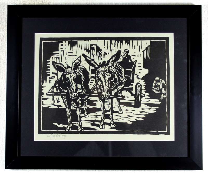 Gregoire Boonzaier - Donkey cart - A beautiful linocut! - Bid now!