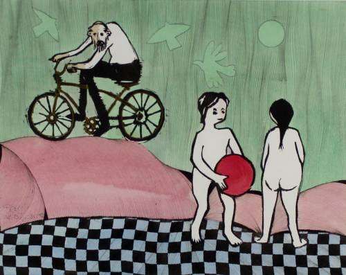 Pieter vd Westhuizen - Man on bike and kids playing with a ball