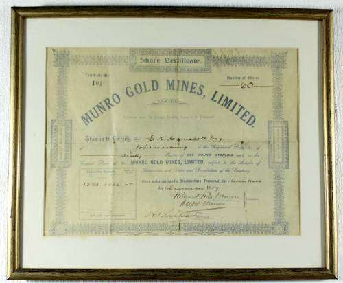 Munro Gold Mines - Share Certificate
