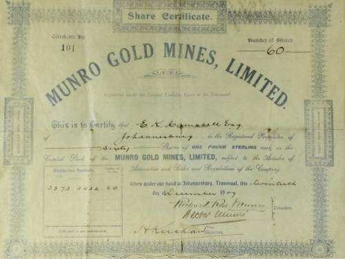 Munro Gold Mines - Share Certificate