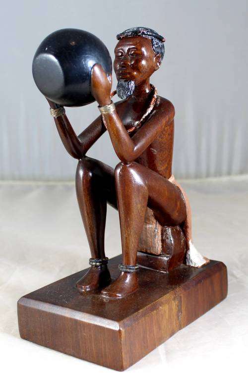 HR Mbhele Carving - Old Man Drinking From A Pot