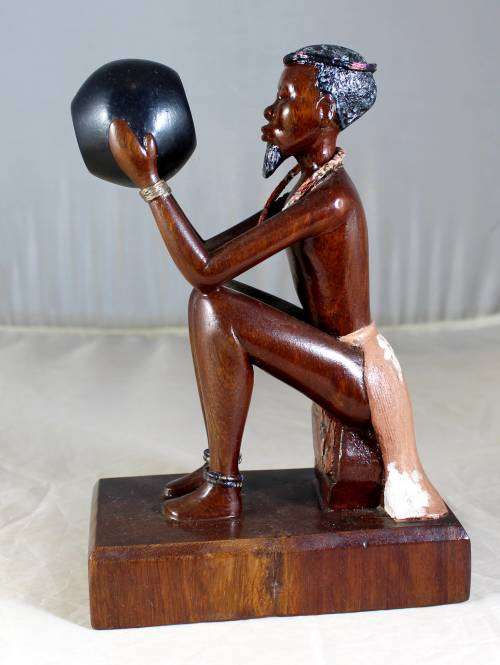 HR Mbhele Carving - Old Man Drinking From A Pot