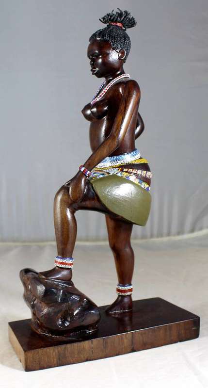 HR Mbhele Carving - Traditional Woman - Foot On Rock -
