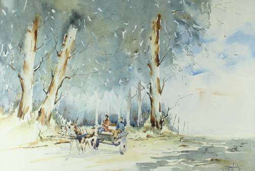 Johan Manefeldt - Donkey cart with Bluegum trees