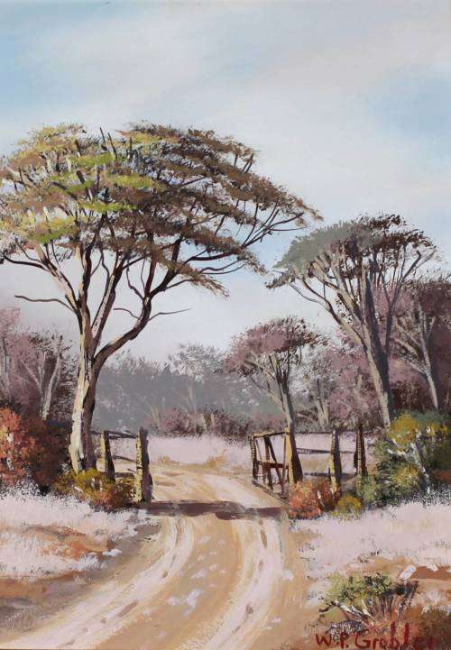 WP Grobler - Busveld with tree and gate - A beautiful treasure! - Low price! -  Bid now!!