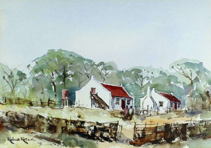 Kobus Kotze - Homestead with figures - Stunning art! Bid now!