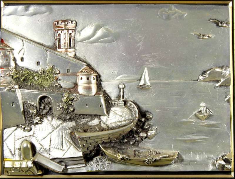 Bas-relief Artwork on a mirror - A 3D artwork - harbor scene