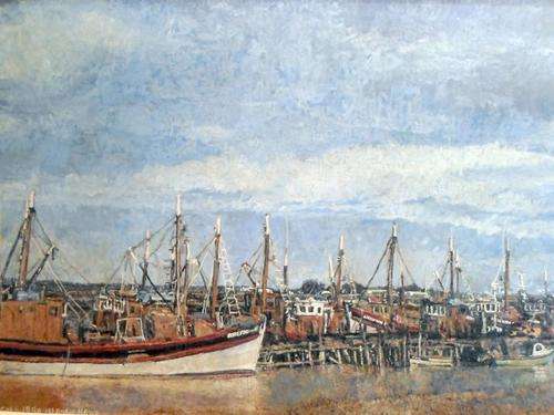 Johan Scott - Boats in the harbor - A beautiful painting!! Bid now!!