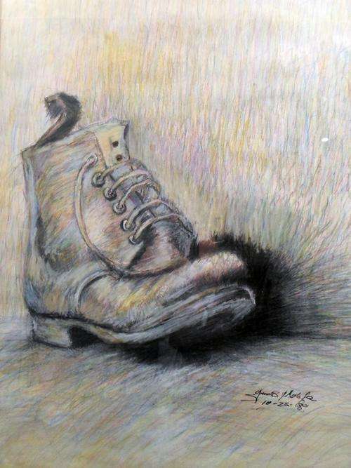 Jacob Molefe - Old boot - Crayon drawing - A beautiful painting! Bid now