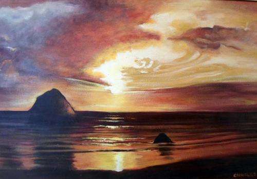 Charles Bell - Dramatic sunset! - A stunner! Large oil painting! Low, low price! Bid now!
