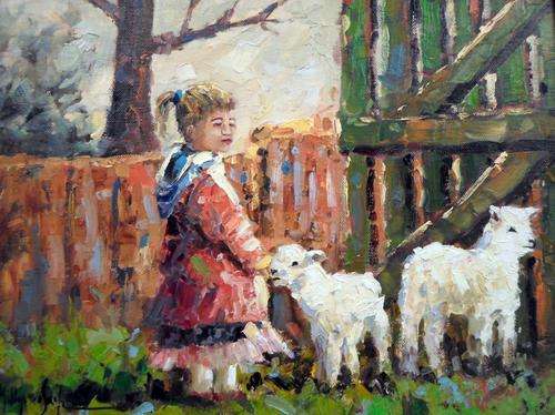 Phillip Britz - Girl playing with lambs - A stunning painting!! Low price, act fast and bid now!