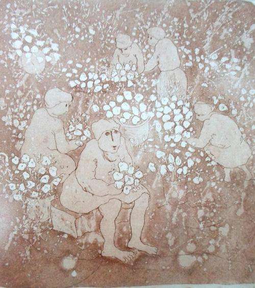 Pieter van der Westhuizen - Flower pickers - A beautiful etching! Bid now!