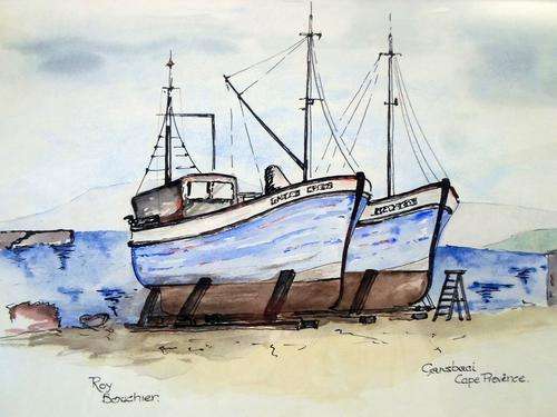 Roy Bouchier - Gansbaai Fishing boats - A magnificent watercolor! Bid now at this low price!!