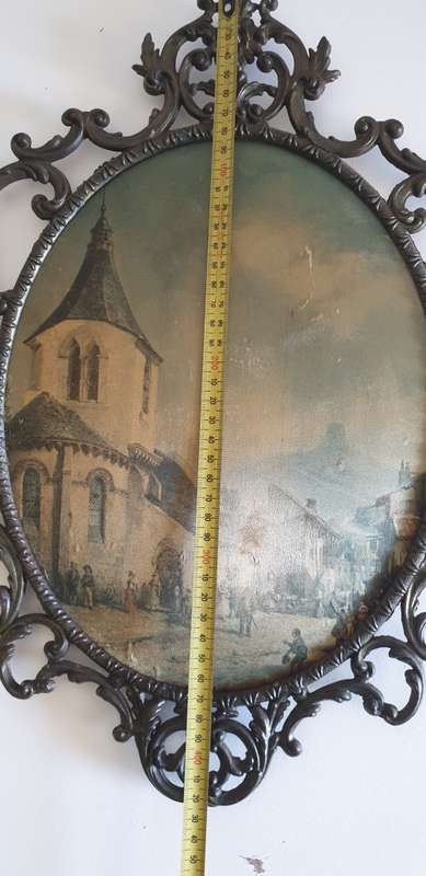 Vintage metal frame with a domed glass and painted on silk picture.