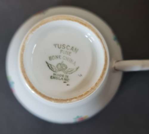 WOW! Rare pattern vintage Tuscan bone china trio. Stamped