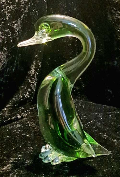 Heavy vintage green glass duck.