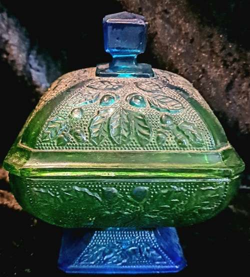 Vintage Jeannette Glass Candy Dish with lid.In green and blue with footed bottom.