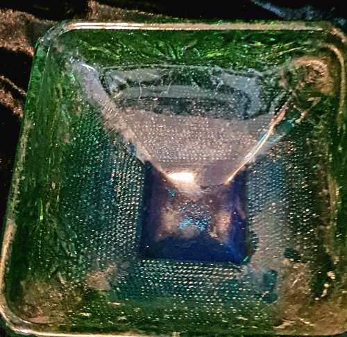 Vintage Jeannette Glass Candy Dish with lid.In green and blue with footed bottom.