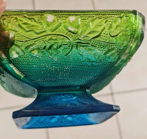 Vintage Jeannette Glass Candy Dish with lid.In green and blue with footed bottom.