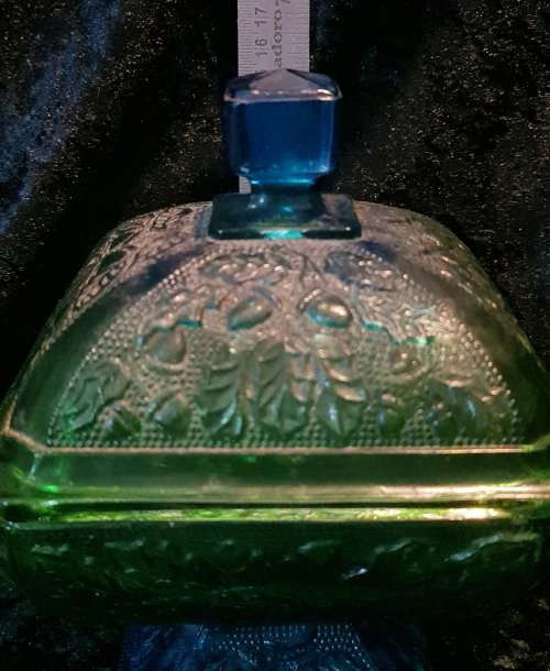 Vintage Jeannette Glass Candy Dish with lid.In green and blue with footed bottom.