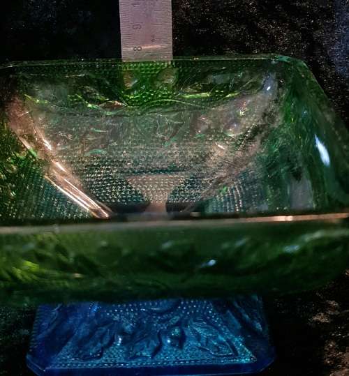Vintage Jeannette Glass Candy Dish with lid.In green and blue with footed bottom.