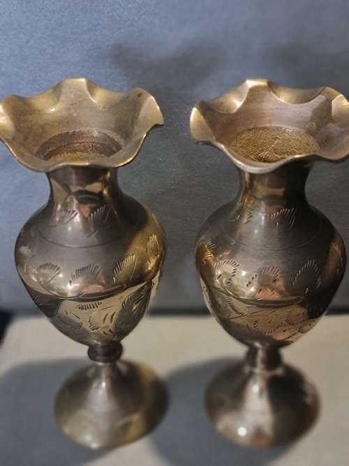 2 X Vintage brass etched vases