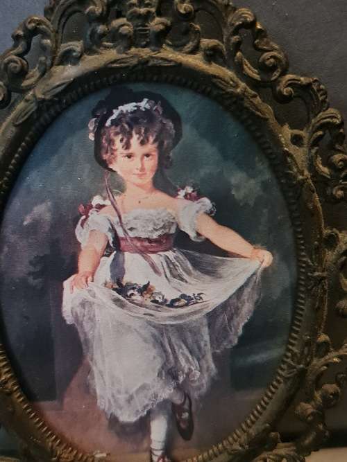 Vintage Oval Ornate Framed Photo of Victorian Girl Holding Flowers made in Italy