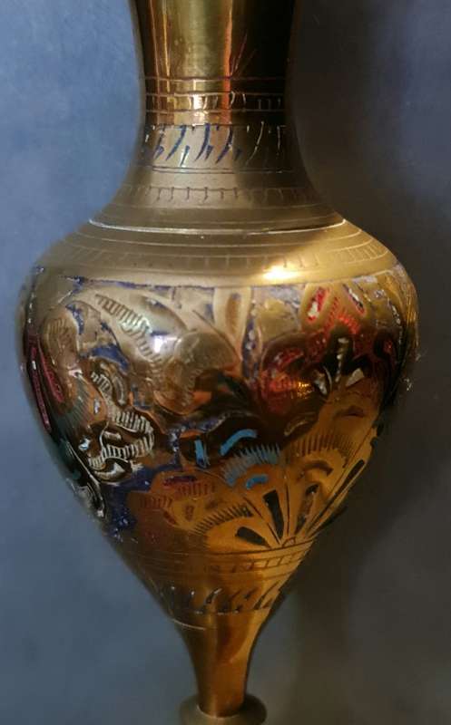 Vintage Indian Brass Etched vase with lid
