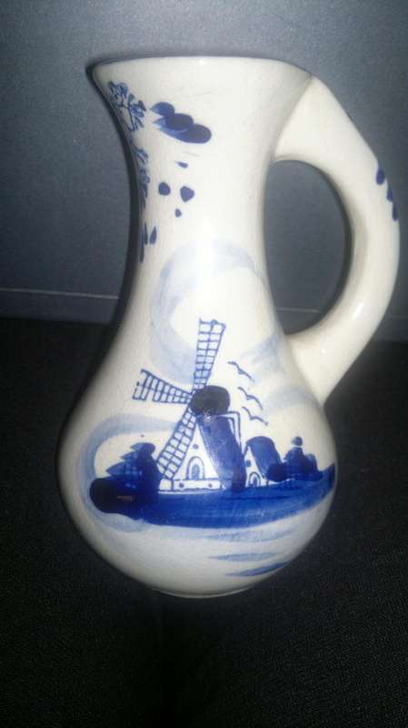 Dutch small blue and white vase with windmill and flower design