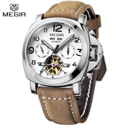 MEGIR Official Luxury Men Military Sports Watches Men's Automatic Mechanical Clock Leather Wristwatc
