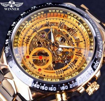 Bezel Golden Mens Montre Homme Automatic Skeleton Watch (7 different styles)