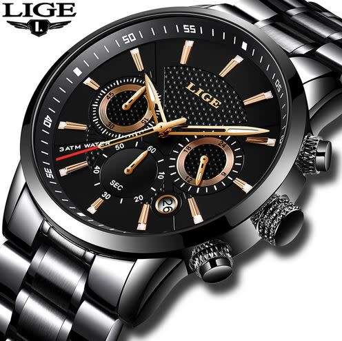 LIGE Waterproof Military Sport Watch Stainless Steel Multi-function Quartz Watch
