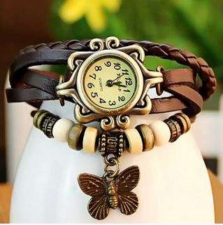 Vintage Style Watch with Butterfly Pendant and Knitting Leather