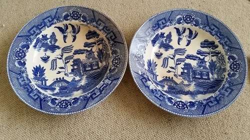 Willow patern blue and white made in japan 2 large soup plates