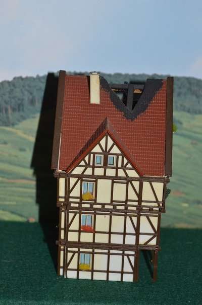 N guage Hotel with burnt roof
