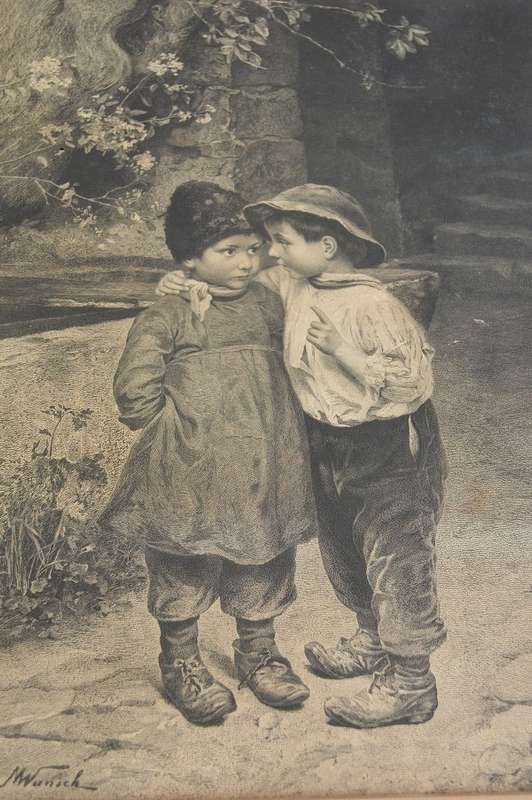 MARIE WUNSCH !! Framed Antique Steel Engraving - Secret - Austrian Artist Marie Wunsch