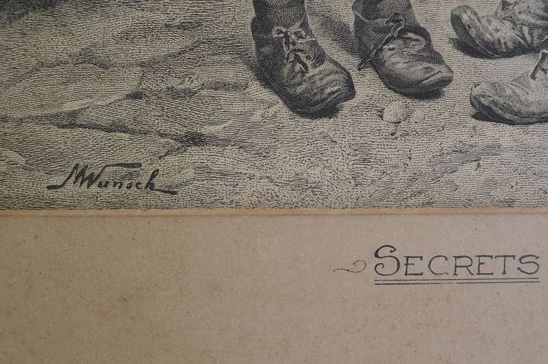 MARIE WUNSCH !! Framed Antique Steel Engraving - Secret - Austrian Artist Marie Wunsch