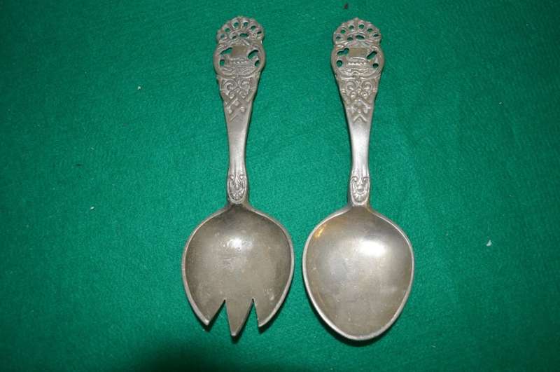 Vintage heavy tinn small salad spoons stamped O.M.L