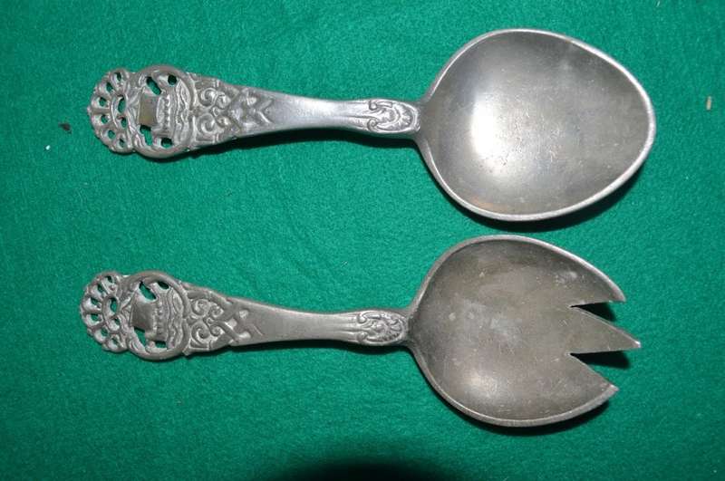 Vintage heavy tinn small salad spoons stamped O.M.L