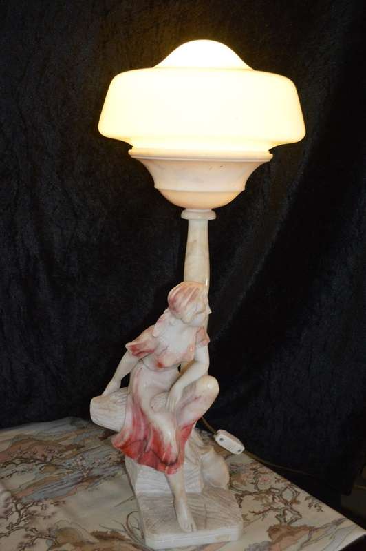 Italian Carved Alabaster Woman Fountain Lamp after G. Mascagni of Rebecca at  `The Well`