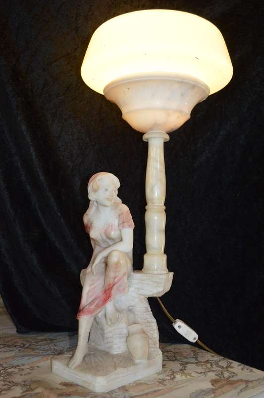 Italian Carved Alabaster Woman Fountain Lamp after G. Mascagni of Rebecca at  `The Well`