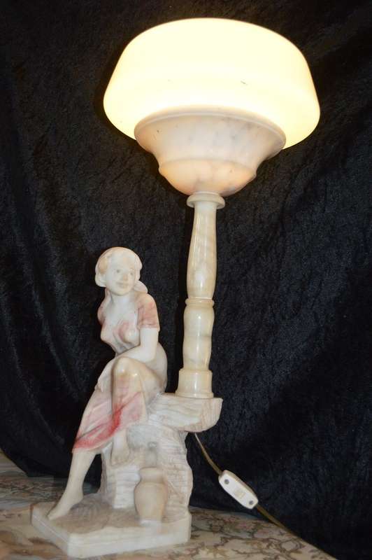 Italian Carved Alabaster Woman Fountain Lamp after G. Mascagni of Rebecca at  `The Well`