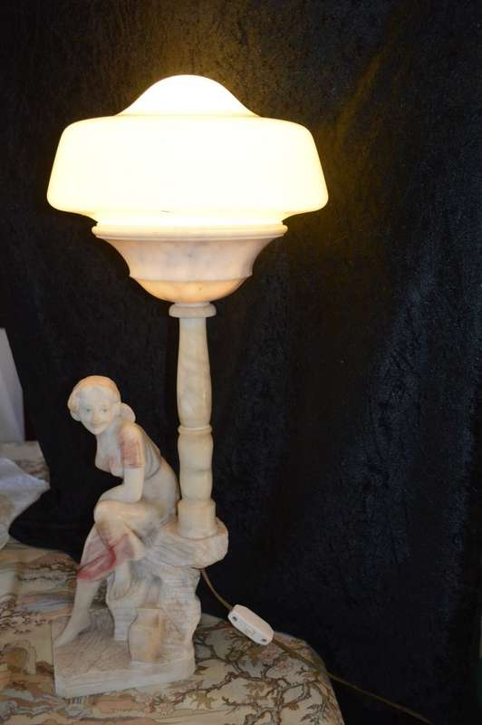 Italian Carved Alabaster Woman Fountain Lamp after G. Mascagni of Rebecca at  `The Well`
