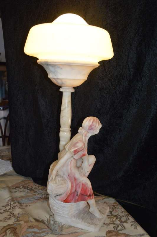 Italian Carved Alabaster Woman Fountain Lamp after G. Mascagni of Rebecca at  `The Well`