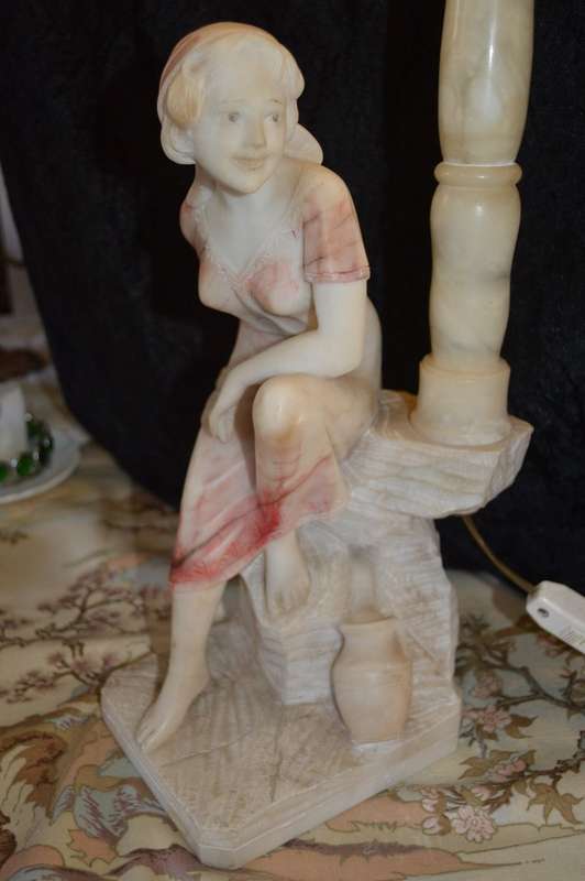 Italian Carved Alabaster Woman Fountain Lamp after G. Mascagni of Rebecca at  `The Well`
