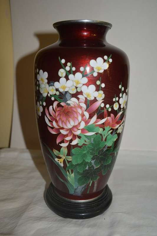 Japanese Cloisonné Vase with Ginbari Red  tall 10` 25cm