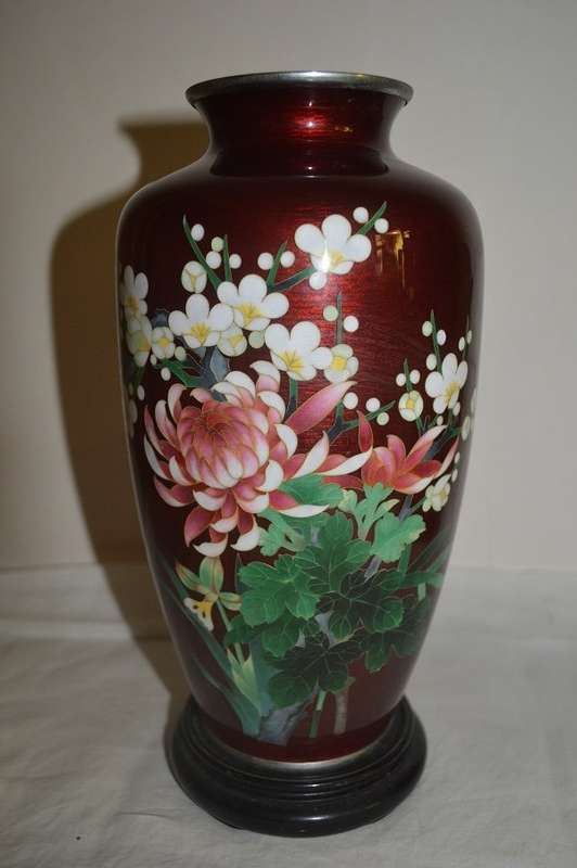 Japanese Cloisonné Vase with Ginbari Red  tall 10` 25cm